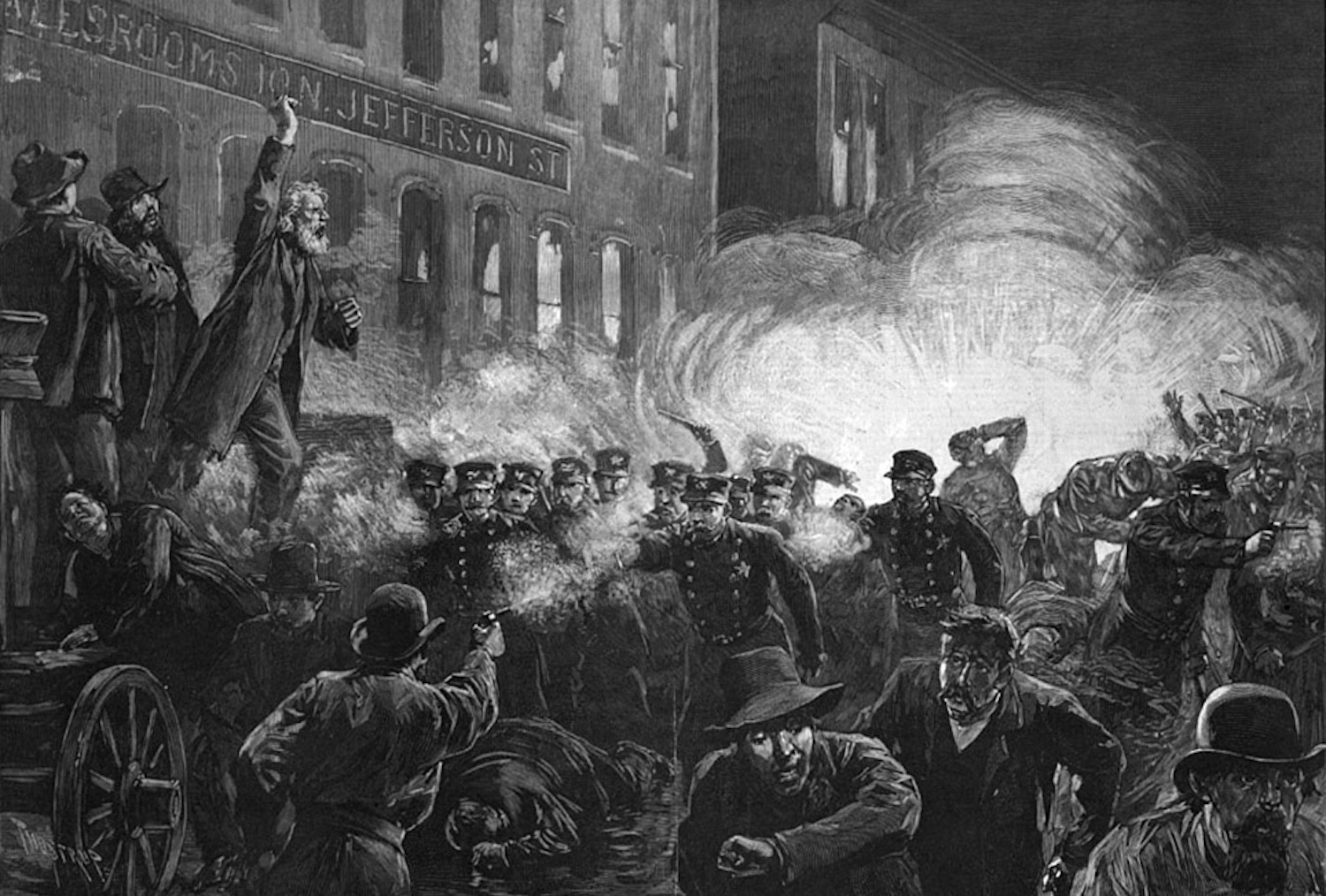Zeitgenössischer Stich von der Haymarket Riot 1886